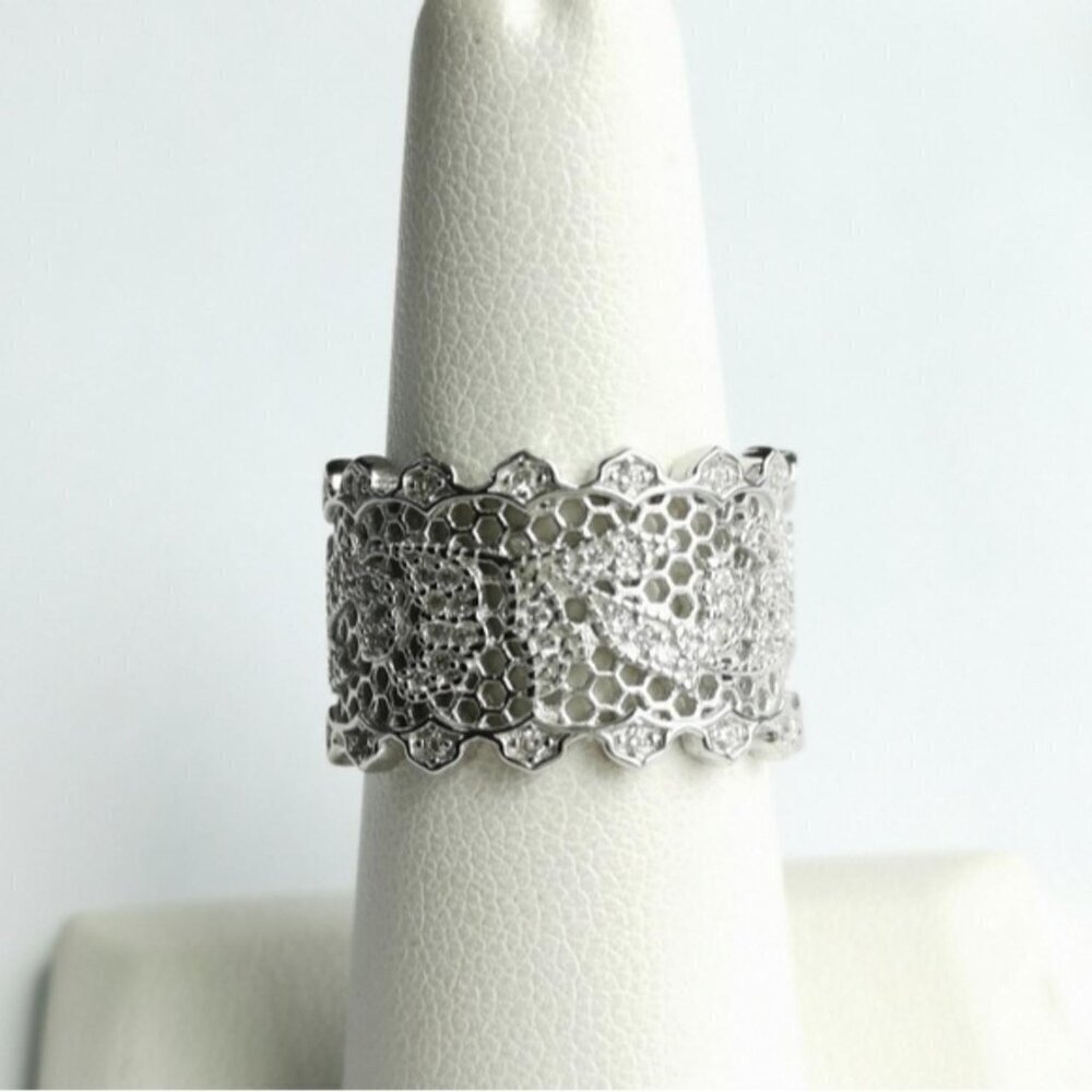 Filigree sterling silver cz wide band eternity band ring size 8.25 ๐ - Picture 3 of 6
